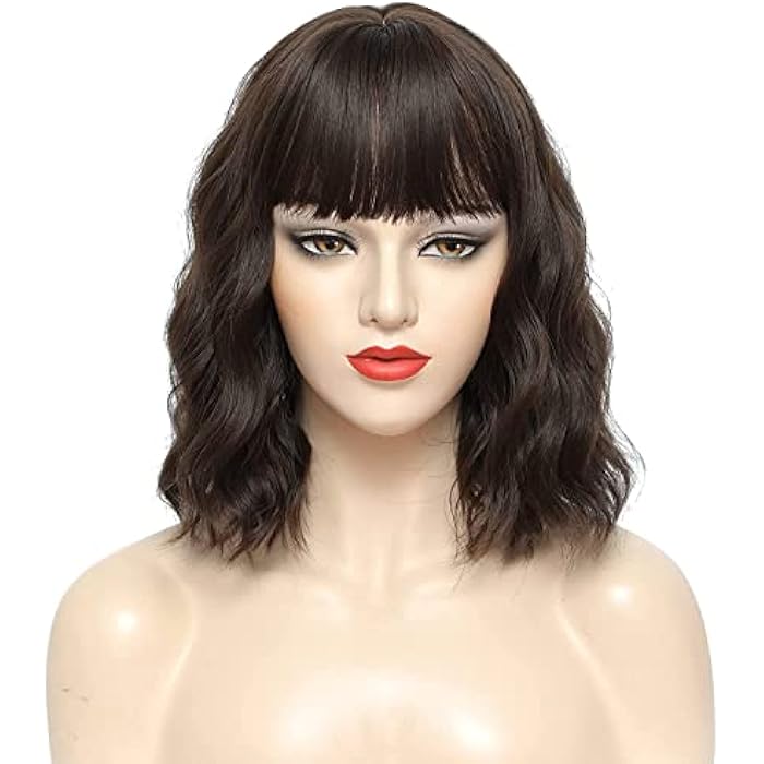 DILLARDS 14 Inch Short Wavy Dark Brown Bob Wigs With Bangs Short Dark Brown Curly Wig For Women,Heat Resistant Synthetic Natural Looking Cosplay Bob Wigs (Dark Brown) - Image 5